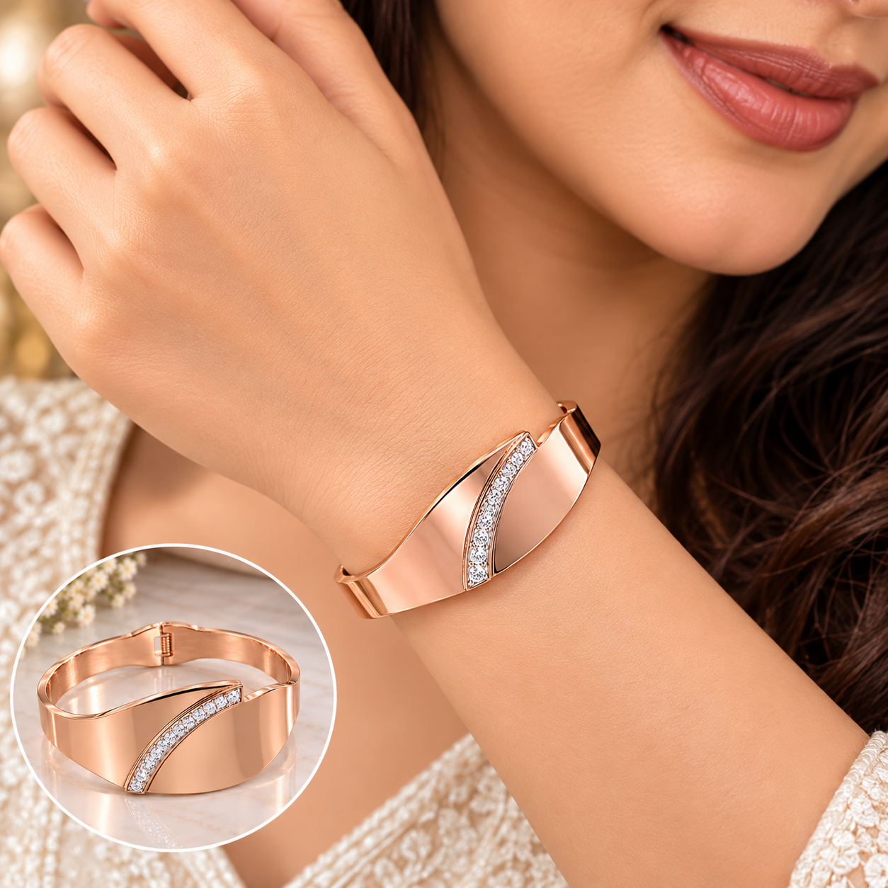 Rose Arc Crystal Cuff Bracelet